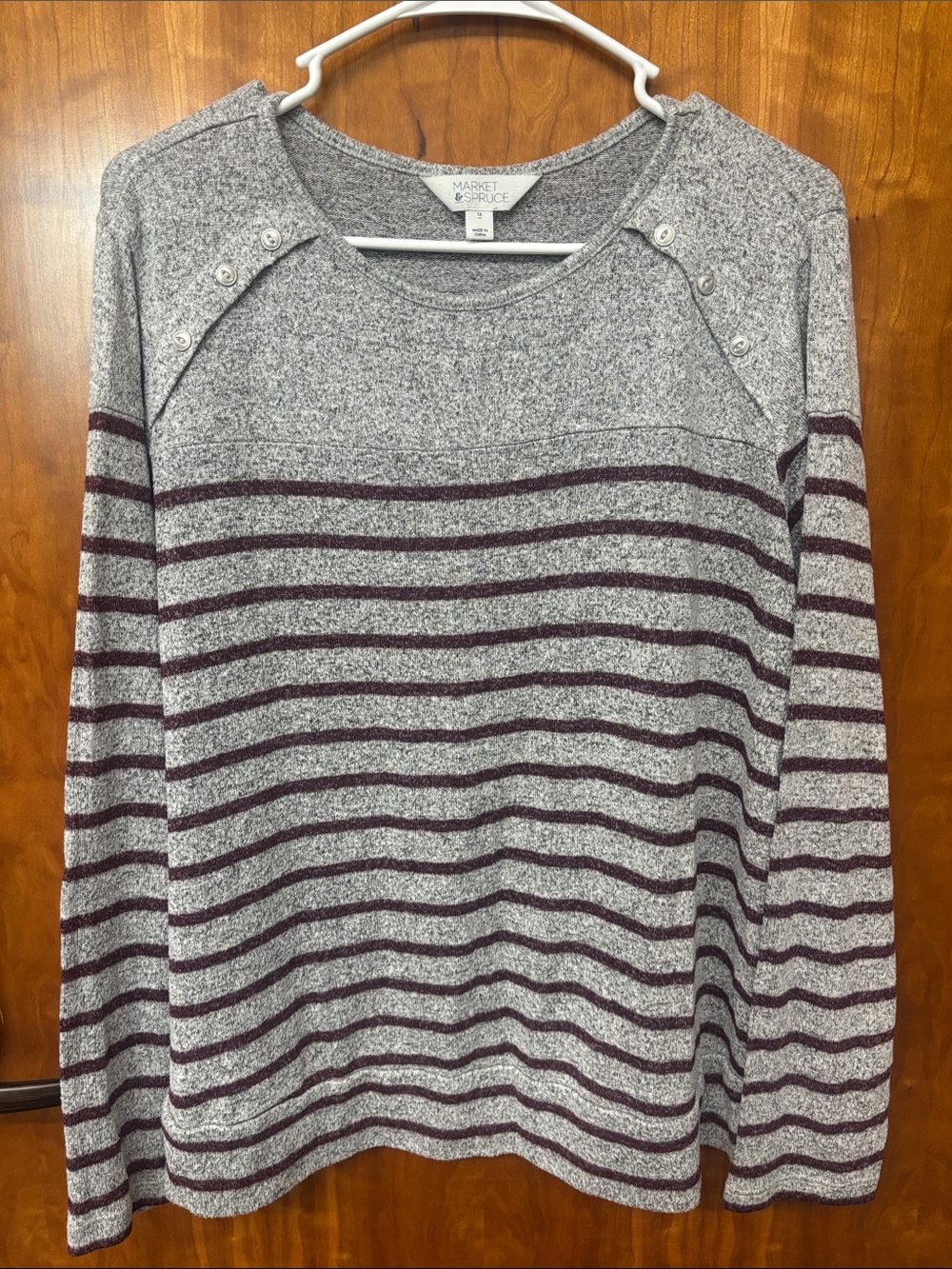 Market & Spruce Gray and Burgundy Striped Button-Shoulder Sweater